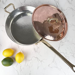 Coppermill Kitchen | Vintage Inspired Large Saute Pan & Lid | Authentic Copper & Brass | Tin-Lined | Hammered Finish | Made in Italy | 3.75 Quarts