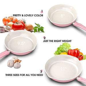 Nonstick Frying Pan Set, imarku 8" 9.5" and 11" Skillet Egg Pan, Healthy Ceramic Cookware Set, Non stick Omelette Pans for Cooking, Stay Cool Soft Touch Handle, Easy to Clean, PFOA & PFAS Free, Pink