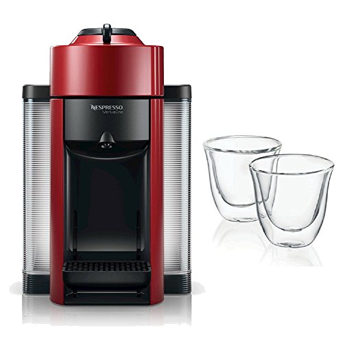Nespresso Red Vertuoline Evolu GCC1 Espresso Maker/Coffee Maker and 2 Glasses Bundle - Includes Machine and 2 Espresso Glasses