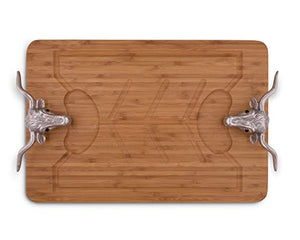 Arthur Court Designs Aluminum Longhorn Handle Bamboo Wood Carving / Cheese Board Large Tray for Serving Meats or Appetizer 20 inch x 13 inch