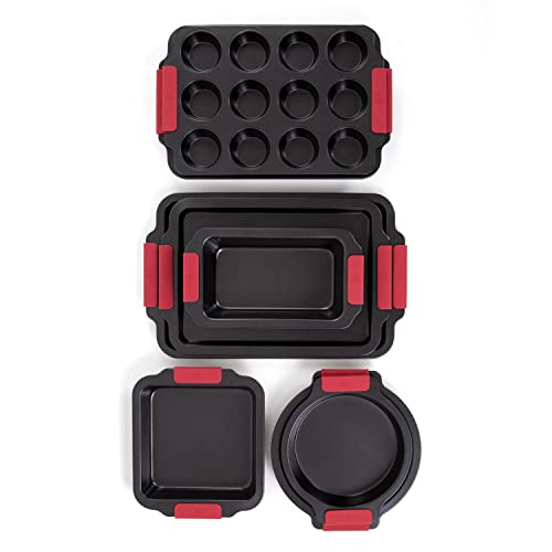 Hell's Kitchen 8 Pc Nonstick Bakeware Set with Silicone Handles, Cookie Sheet, Muffin Pan, Loaf Pan, Cake Pan Set