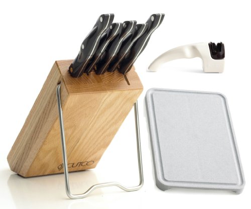 CUTCO Model 1847 Space Saver set with #1725 full size chef knife..............Set includes 5 High Carbon Stainless knives with Classic Dark Brown handles (often called "Black") in factory-sealed plastic bags...............#1746 Honey Oak Knife Block, #82