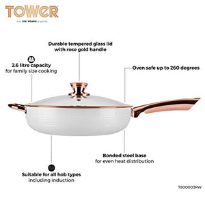 TOWER Linear Saute Pan with Easy Clean Non-Stick Ceramic Coating, Aluminium, White and Rose Gold, 28 cm