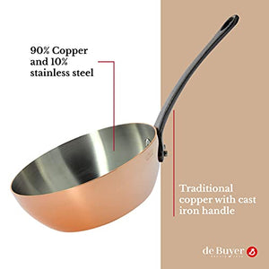 de Buyer - Inocuivre Tradition Conical Saute Pan with Cast Iron Handle - Copper Cookware with Stainless Steel Lining - Oven Safe - 8"