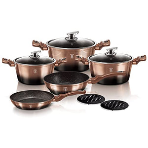 Berlinger Haus Kitchen Cookware Set - Precision Fit Tempered Glass Lids and Ergonomic Soft Touch Handle – Include Black Bakelite mats, Casserole with Lid, Deep frypan, and Frypan - 10-Piece