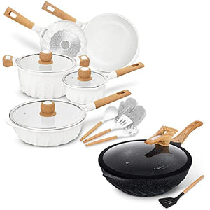 Non-stick induction cookware set -pack -13-white & 12.6inch Non-stick induction wok pan with cooking utensils - Black