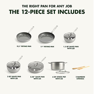 GreenPan Chatham Tri-Ply Stainless Steel Healthy Ceramic Nonstick Induction Suitable, Cookware Pots and Pans, 12 Piece, Silver