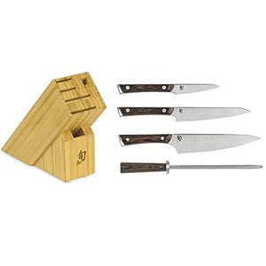 Shun Cutlery Kanso 5-Piece Starter Block Set, Kitchen Knife and Knife Block Set, Includes Kanso 8” Chef, 6” Utility & 3.5” Paring Knives, Handcrafted Japanese Kitchen Knives