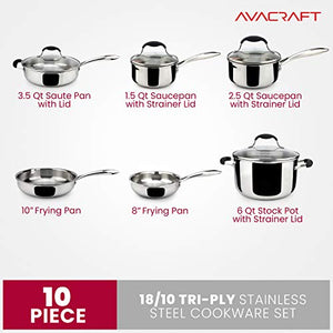 AVACRAFT 18/10 Stainless Steel Cookware Set, Premium Pots and Pans Set, High Quality Kitchen Essentials for cooking, Multi-Ply Body Stainless Steel Pan Set, 10-Piece Sets