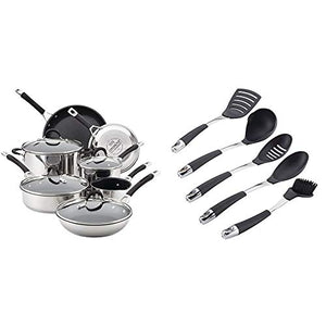 Circulon Momentum Stainless Steel Nonstick Cookware Set with Glass Lids, 11-Piece Pot and Pan Set, Stainless Steel & Harmony Utensil Kitchen Cooking Tools Set, 5 Piece, Black