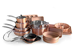 OrGREENiC Rose Hammered Cookware Collection - 22 Piece Set with Lids - Non-Stick Ceramic for Even Heating | Safe for Dishwasher, Oven & StoveTop