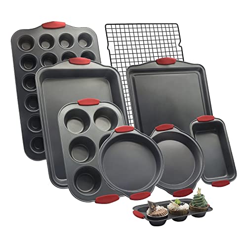 Nonstick Bakeware Sets with Red Silicone Handles,9 Piece Steel Baking Pan Tray Set, Carbon Steel Oven Baking Trays, Cake Pans, Cupcake Muffin Pan, Roasting Pan, Loaf Pan, Cookie Sheet