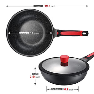 Winsdom Wok Pan with Lid Aluminum Nonstick Frying Pan Skillet with Lid 11inch Induction Cookware Woks and Stir-fry Pan with Heat Indicator Dishwasher Safe