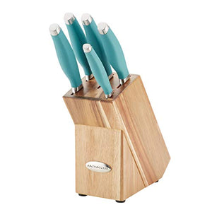 Rachael Ray Create Delicious Cookware Set, 10-Piece, Stainless Steel with Light Blue Handles & Ray Cucina Japanese Stainless Steel Knife Kitchen Cutlery Wooden Block Set, 6 Piece, Agave Blue