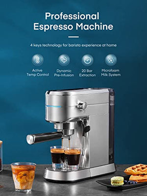 HOUSNAT Espresso Machine, 20 Bar Espresso and Cappuccino Maker with Milk Frother Steam Wand, Professional Espresso Coffee Machine for Cappuccino and Latte, Compact Design, Brushed Stainless Steel