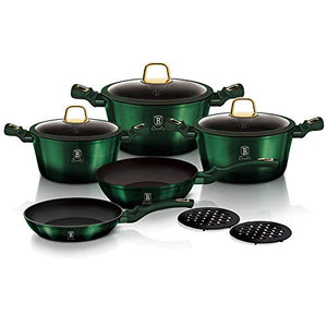 Berlinger Haus Kitchen Cookware Set - Precision Fit Tempered Glass Lids and Ergonomic Soft Touch Handle – Include Black Bakelite mats, Casserole with Lid, Deep frypan, and Frypan - 10-Piece