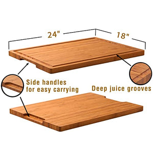 24"x18" Bamboo Cutting Boards, Stove Top Cutting Board for RV, XXL Charcuterie Cheese Platter Serving Tray with Handles and Juice Grooves, Solid Structure, Slim, Durable, Reversible