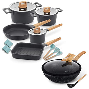 Non-stick induction cookware set -pack -15-Grey& 12.6inch Non-stick induction wok pan with cooking utensils - Black