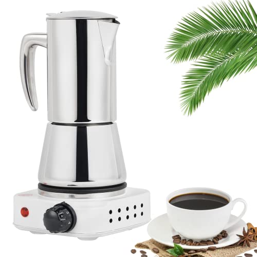 Stainless Steel Moka Pot 6 Cup/10oz/300ml Stovetop Espresso Coffee Maker with 500W Hot Plate 110V