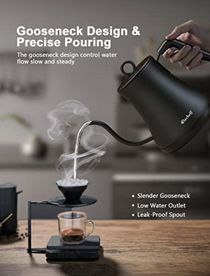 Elechelf Gooseneck Kettle, Electric Pour-Over Coffee Kettle, 0.8L Variable Temperature Control Tea Kettle, 100% Stainless Steel Inner Lid & Bottom, 1000W Quick Heating