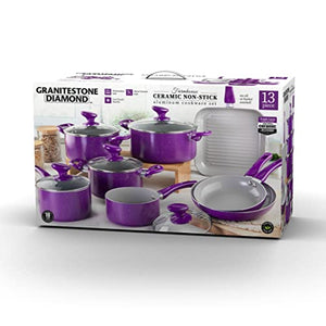 Granitestone Nonstick Cookware Set 13 Piece Nonstick Pots and Pans Set with Triple Layer Diamond Coating, 100% PFOA Free, Stay Cool Touch Handles, Metal Utensil Safe, Oven & Dishwasher Safe - Purple