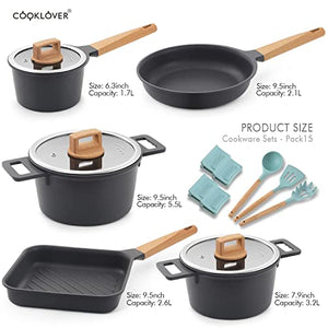 Non-stick induction cookware set -pack -15-grey & 9.5 inch Non-stick induction stir fry pan with cooking utensils
