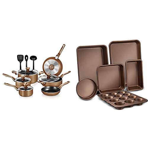 NutriChef 13 Pcs. Nonstick Kitchen Cookware PTFE/PFOA/PFOS-Free Heat Resistant Kitchenware Set, Brown & Bakeware Set-Highest-Quality Baking Sheets, Non-Grease Cookie Trays - NutriChef