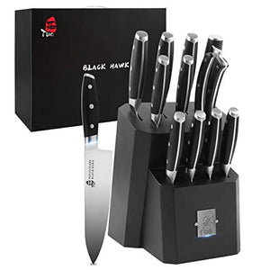 TUO Kitchen Knife Set - 12 Pcs Knife Set with Wooden Block - Premium Forged German Stainless Steel, Ergonomic Pakkawood Handle - BLACK HAWK SERIES with Gift Box