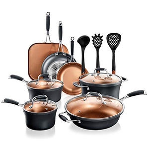 NutriChef Kitchenware Pots & Pans Luxury Kitchen Cookware, 3 Layers Copper Non-Stick Coating Inside, Hard-Anodized Looking Heat Resistant Lacquer Outside (14-Piece Set), One Size, Black