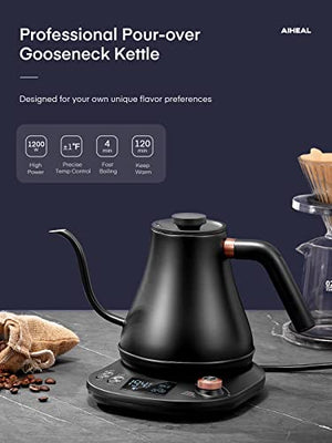 Electric Gooseneck Kettle with Precise 1℉ Temperature Control, Aiheal Pour Over Coffee Tea Kettle,1200W Rapid Heating, Temperature Holding, 100% Stainless Steel Inner, 0.8L, Matt Black