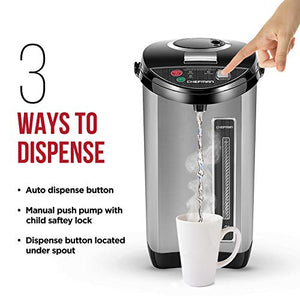 Chefman Electric Hot Water Pot Urn w/ Auto & Manual Dispense Buttons, Safety Lock, Instant Heating for Coffee & Tea, Auto-Shutoff/Boil Dry Protection, Insulated Stainless Steel, 5.3L/5.6 Qt/30+ Cups