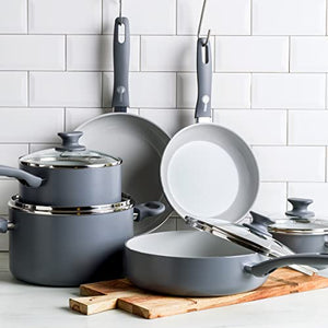 GreenPan Dover Healthy Ceramic Nonstick, 11 Piece Cookware Pots and Pans Set, PFAS-Free, Dishwasher Safe, Comfort Grip Handle, Grey