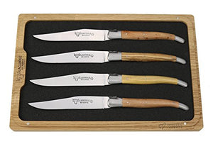 Laguiole en Aubrac Luxury Fully Forged Full Tang Stainless Steel Steak Knives 4-Piece Set with Mixed French Wood Handle, Stainless Steel Brushed Bolsters