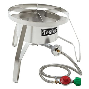 Bayou Classic SS10 14-in Stainless High Pressure Cooker Features 14-in Cooking Surface 12.5-in Tall Welded Frame 10-psi Pre-Set Regulator w/ 48-in Stainless Braided Hose