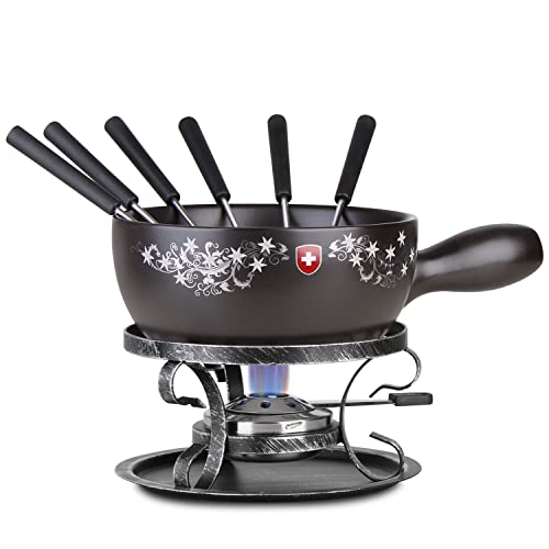 Artestia 2.11-Quart Ceramic Fondue Pot Set Cheese Chocolate Melting Pot Metal Stand with 6 Fondue Forks and Swiss Floral Pattern, Perfect for 6-8 People, 10 Piece