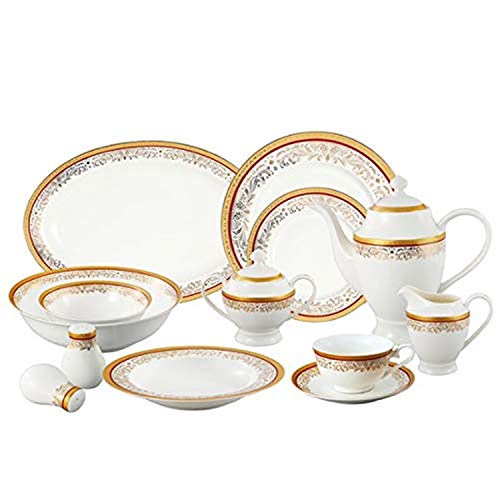 Lorren Home Trends La Luna Collection Bone China 57-Piece Red and 24K Gold Design Dinnerware Set, Service for 8