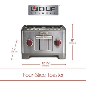Wolf Gourmet 4-Slice Extra-Wide Slot Toaster with Shade Selector, Bagel and Defrost Settings, Red Knob, Stainless Steel (WGTR154S)