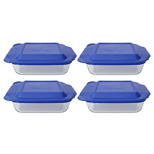 Pyrex (4) 222 Square Glass Baking Dishes & (4) 222-PC Blue Lids