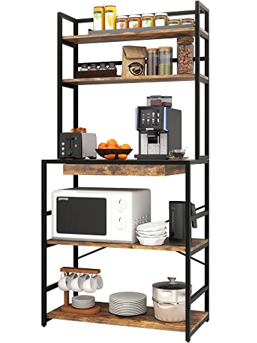 Furniouse Standing Baker's Racks,Industrial 5-Tier Kitchen Bakers Rack, Bakers Racks for Kitchens with Storage, Microwave Oven Stand with Pull-Out Workbench,Rustic Brown