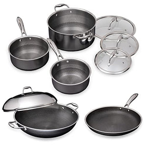 HexClad 9 Piece Hybrid Stainless Steel Cookware Set - 6 Piece Pot Set, 14 Inch Wok, & 12 Inch Frying Pan - Stay-Cool Handle, Nonstick, Oven Safe, Works with Induction, Electric, and Gas Cooktops