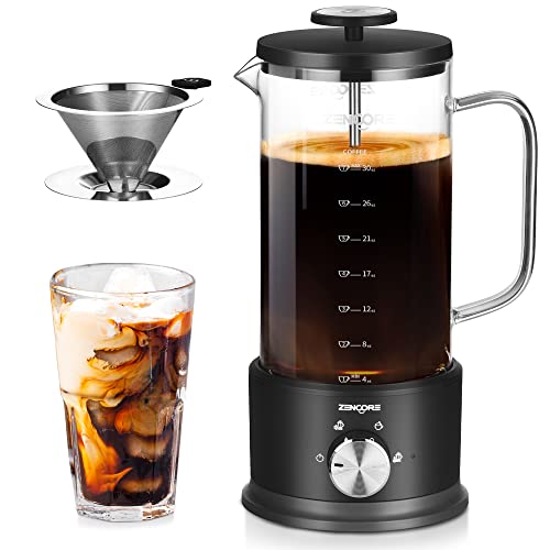 ZENCORE Electric French Press, 20 Minutes Cold Brew Coffee Maker, 30oz  (900ml) Large Capacity Coffee Machine, Cold and Hot Brew, Milk Froth, Easy  to Use and Cle…