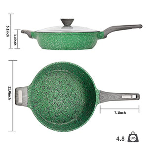 TINCOKO Nonstick Deep Frying Pan with Lid - 11" Green Granite Coating Non-stick Fry Skillet, Die-Cast Aluminum Alloy Jumbo Cooker, Non Toxic APEO & PFOA Free