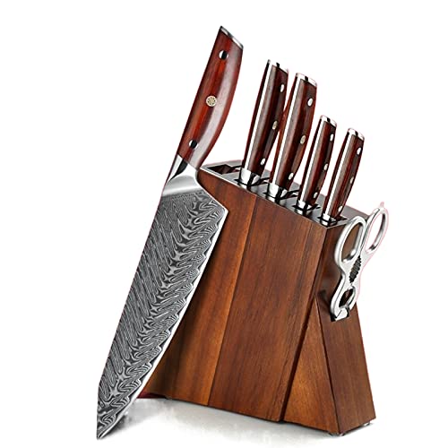 Knife Set, 7 PCS Kitchen Knives Set 60±2 HRC Damascus Steel with Rosewood Handle Scissors Acacia Wood Professional Knife Block Set Kitchen Knife Set BY ZZYY