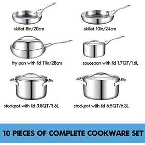 Pots and Pans Set, 10-Piece Tri-Ply Fully Clad Stainless Steel Kitchen Cookware with Saucepan, Skillet, Stockpot, Frying Pan and Lids, Suits for All Stoves, Oven and Dishwasher Safe, Professional
