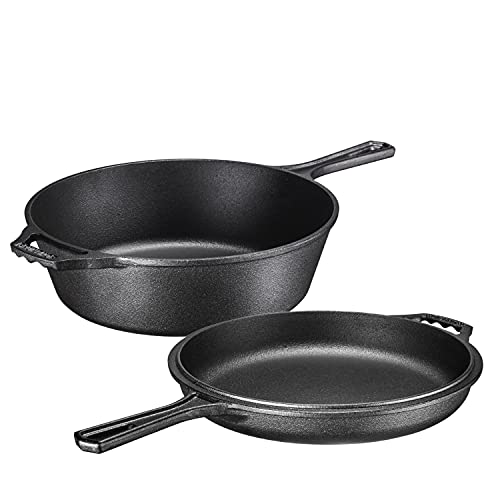 Pre-Seasoned 2-In-1 Cast Iron Multi-Cooker – Heavy Duty Skillet and Lid Set, Versatile Non-Stick Kitchen Cookware, Use As Dutch Oven Or Frying Pan, 3 Quart, Pre-Seasoned