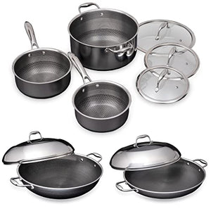 HexClad 9 Piece Hybrid Stainless Steel Cookware Set - 6 Piece Pot set, 14 Inch Wok, 14 Inch Frying Pan - Stay-Cool Handle, Nonstick, Dishwasher Safe, Works with Induction, Electric, and Gas Cooktops