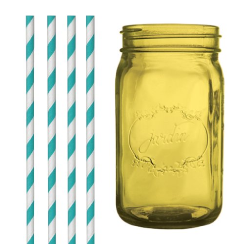 Dress My Cupcake Amber Yellow Vintage Jardin Mason Jar with Aqua Striped Straws, 32-Ounce