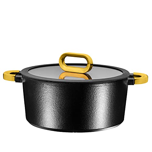 Bruntmor Nonstick Enameled Cast Iron Casserole 4 Quart Round Pot with Gold handle and glass lid glossy enamel Dutch Oven, Black