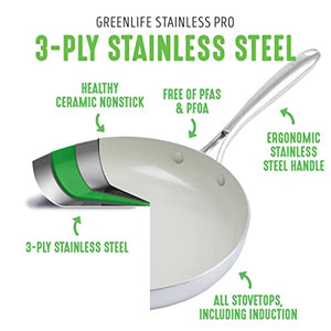 GreenLife Tri-Ply Stainless Steel Healthy Ceramic Nonstick, 12" Frying Pan Skillet with Lid, PFAS-Free, Multi Clad, Induction, Dishwasher Safe, Oven Safe, Silver