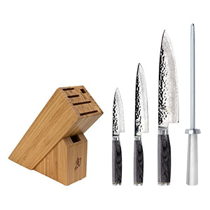 Shun Cutlery Premier Grey 5-Piece Starter Block Set, Kitchen Knife & Knife Block Set, Includes 8” Chef's Knife, 4” Paring Knife, 6.5” Utility Knife, & Honing Steel, Handcrafted Japanese Kitchen Knives